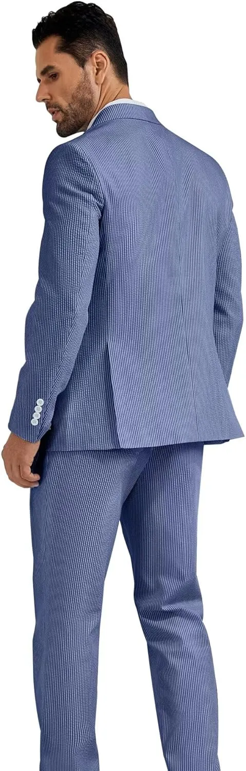 High-End Suits Men's Striped Seersucker Suits 2 Piece Slim Fit Wedding Double Breasted Tuxedo Summer Beach Suits Sets