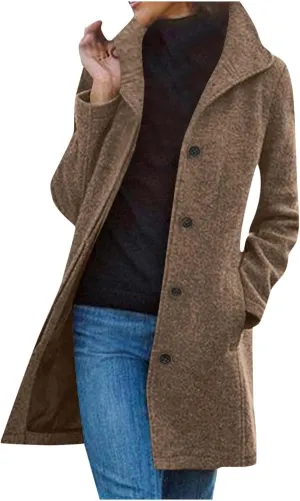 hlysgo Women Winter Wool Blend Pea Coat Mid-Long Trench Coat Single-Breasted Lapel Jacket Outwear with Pockets