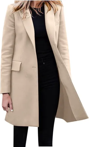 Hvyesh Women's Long Wool Blend Pea Coat Winter Casual Overcoat Notched Lapel Collar Trench Coat Belted Long Jacket Outerwear