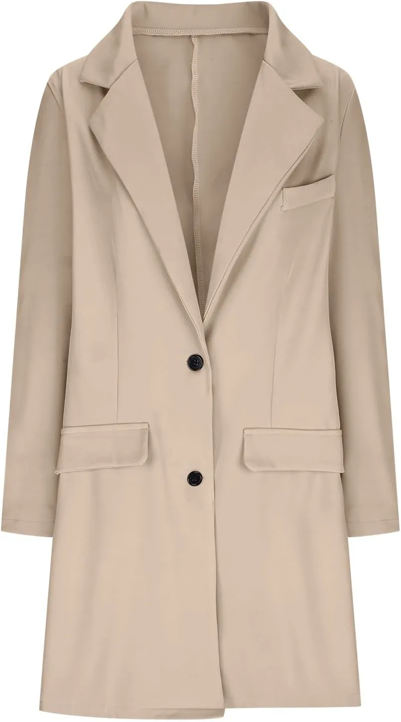 Hvyesh Women's Long Wool Blend Pea Coat Winter Casual Overcoat Notched Lapel Collar Trench Coat Belted Long Jacket Outerwear