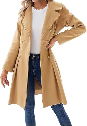 HXHYQKP Winter Coats for Women Breasted Trenchcoats Double Breasted Long Wool Pea Coat Notch Lapel Trench Coat