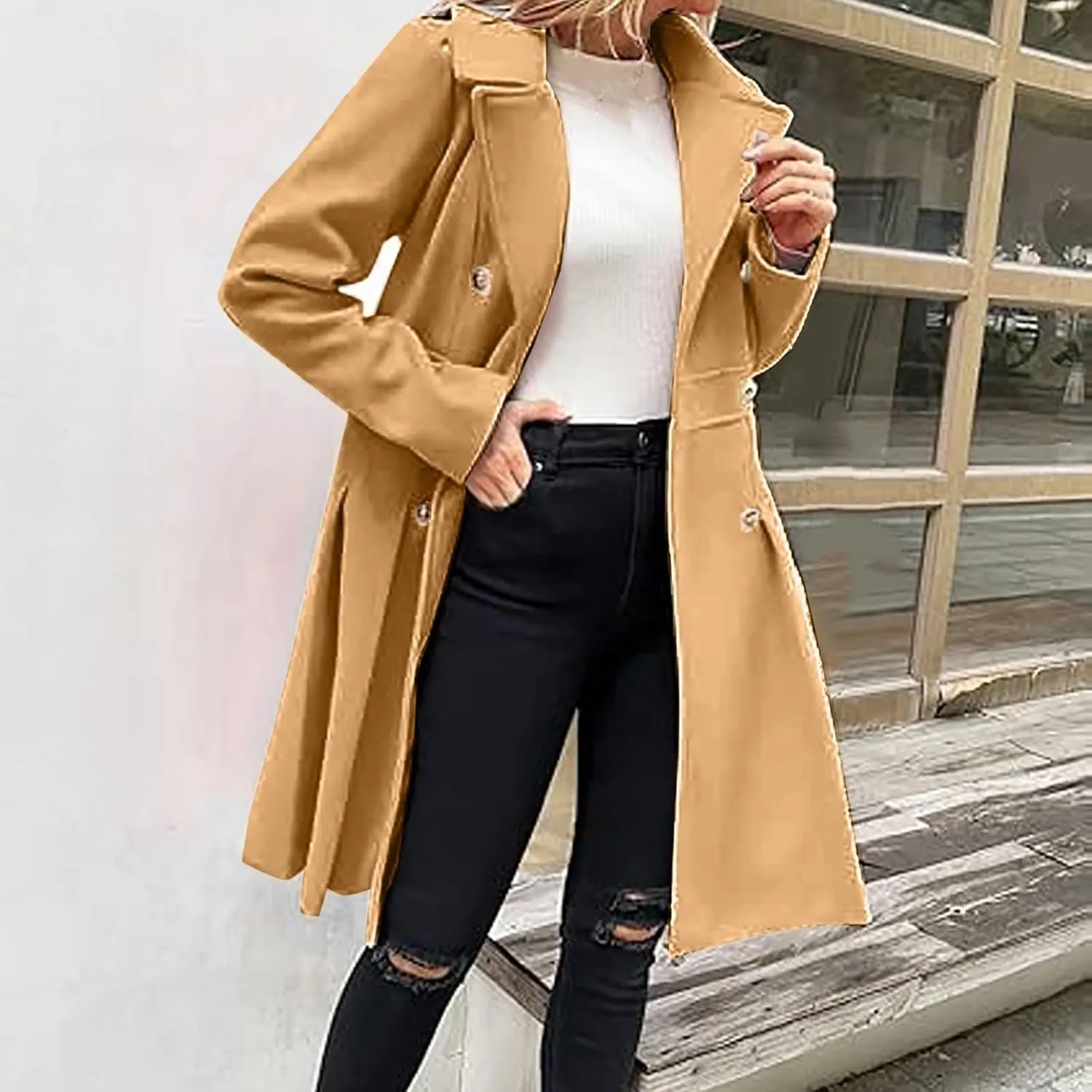 HXHYQKP Winter Coats for Women Breasted Trenchcoats Double Breasted Long Wool Pea Coat Notch Lapel Trench Coat