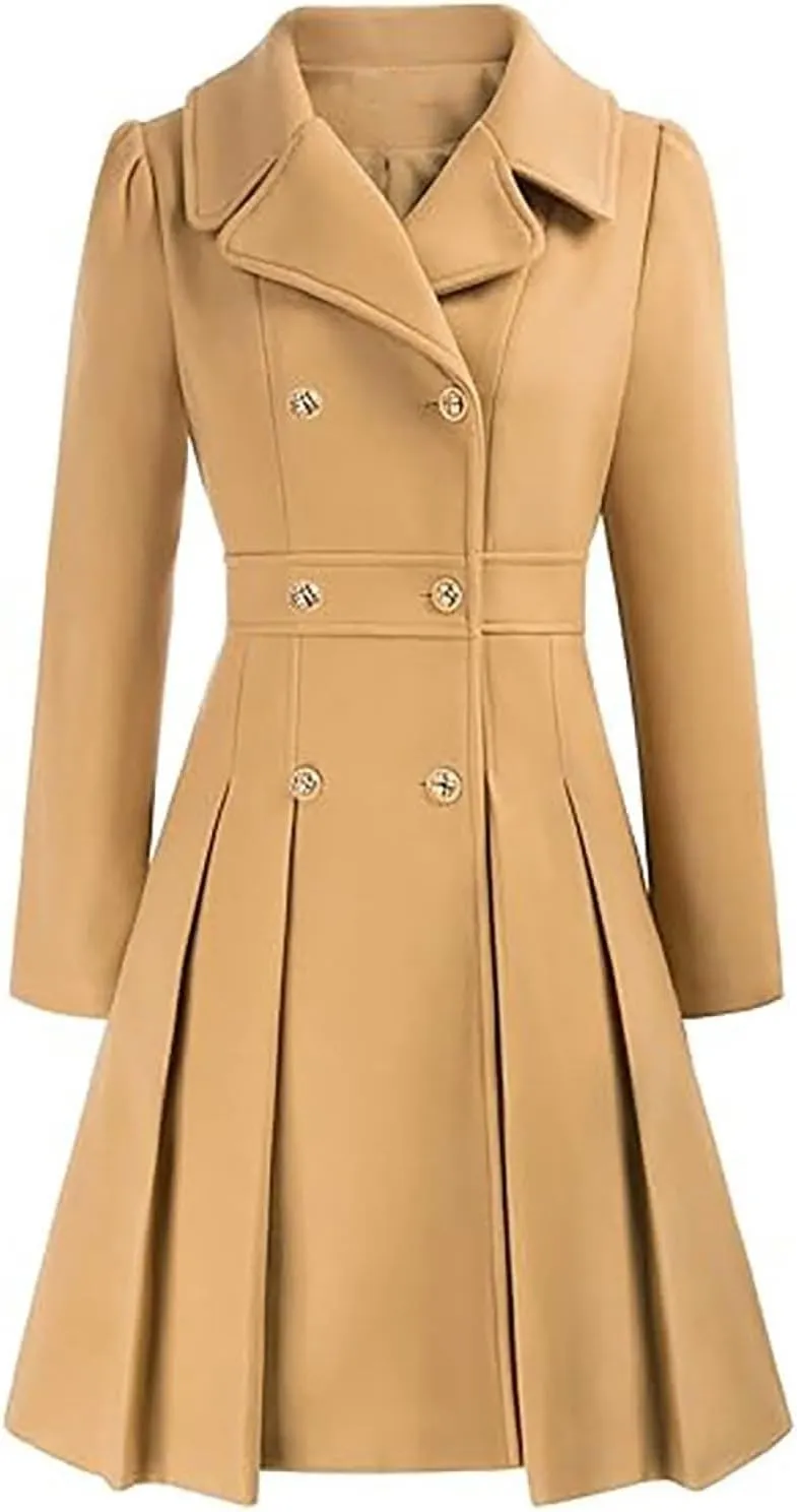HXHYQKP Winter Coats for Women Breasted Trenchcoats Double Breasted Long Wool Pea Coat Notch Lapel Trench Coat