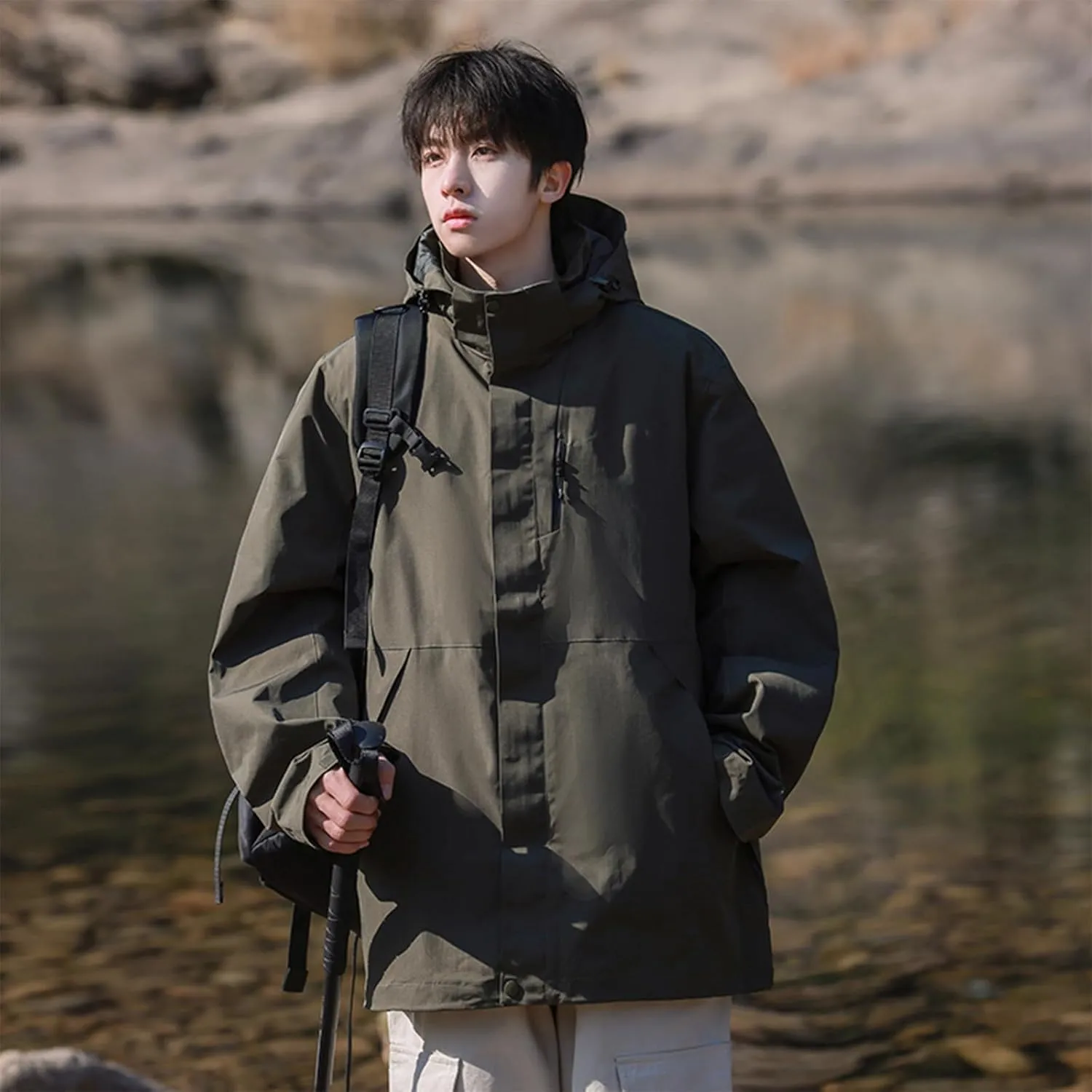 Jackets for Men Hooded Zipper Lightweight Waterproof Outdoor Raincoat Jacket Hiking Travel Rain Jacket with Pockets