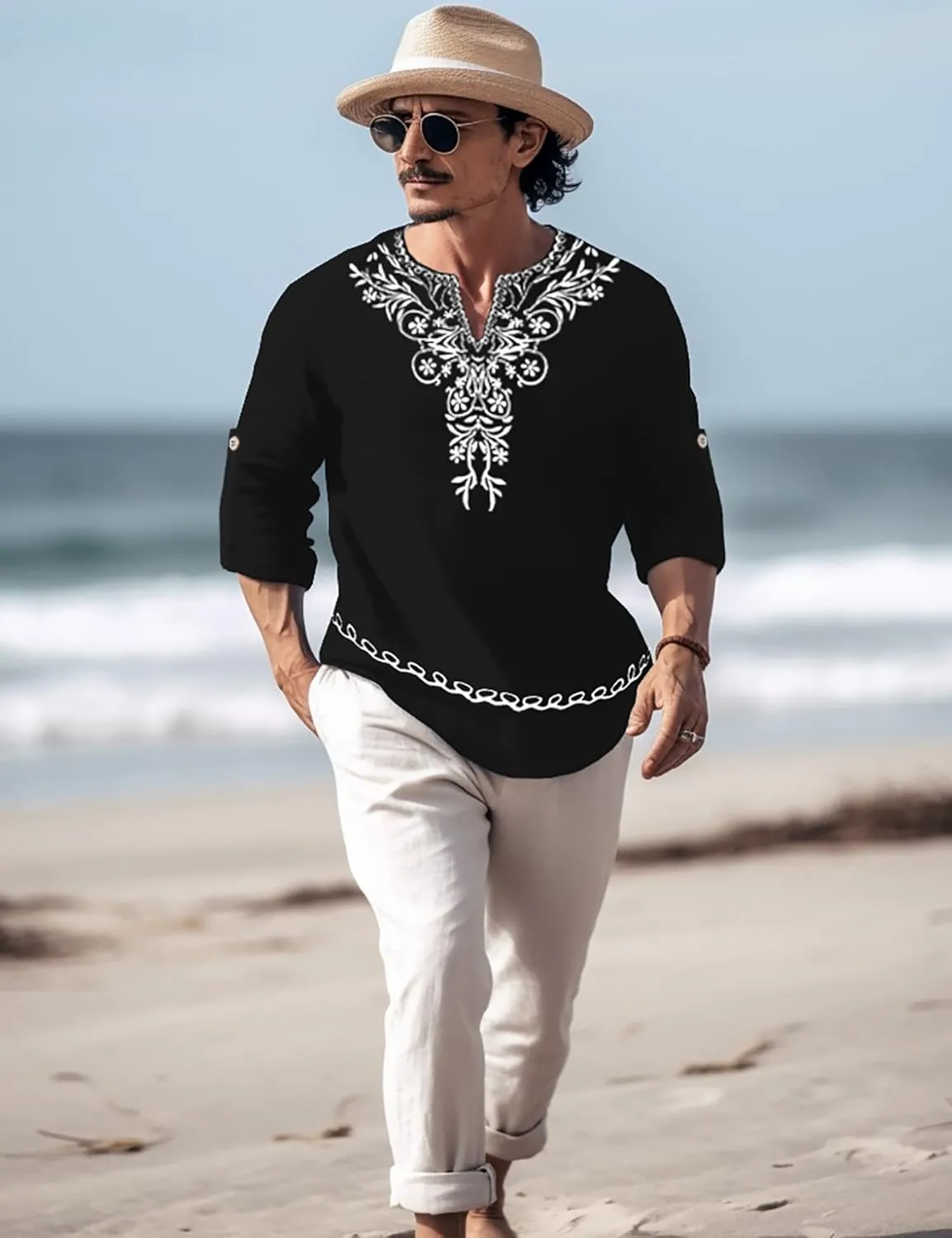 JoZorro Mens Polyester Linen V Neck Henley Shirt Long Sleeve Caftan Handmade Tunic Embroidered Casual Beach T Shirts