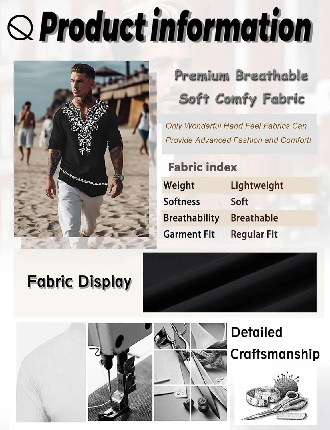 JoZorro Mens Polyester Linen V Neck Henley Shirt Long Sleeve Caftan Handmade Tunic Embroidered Casual Beach T Shirts