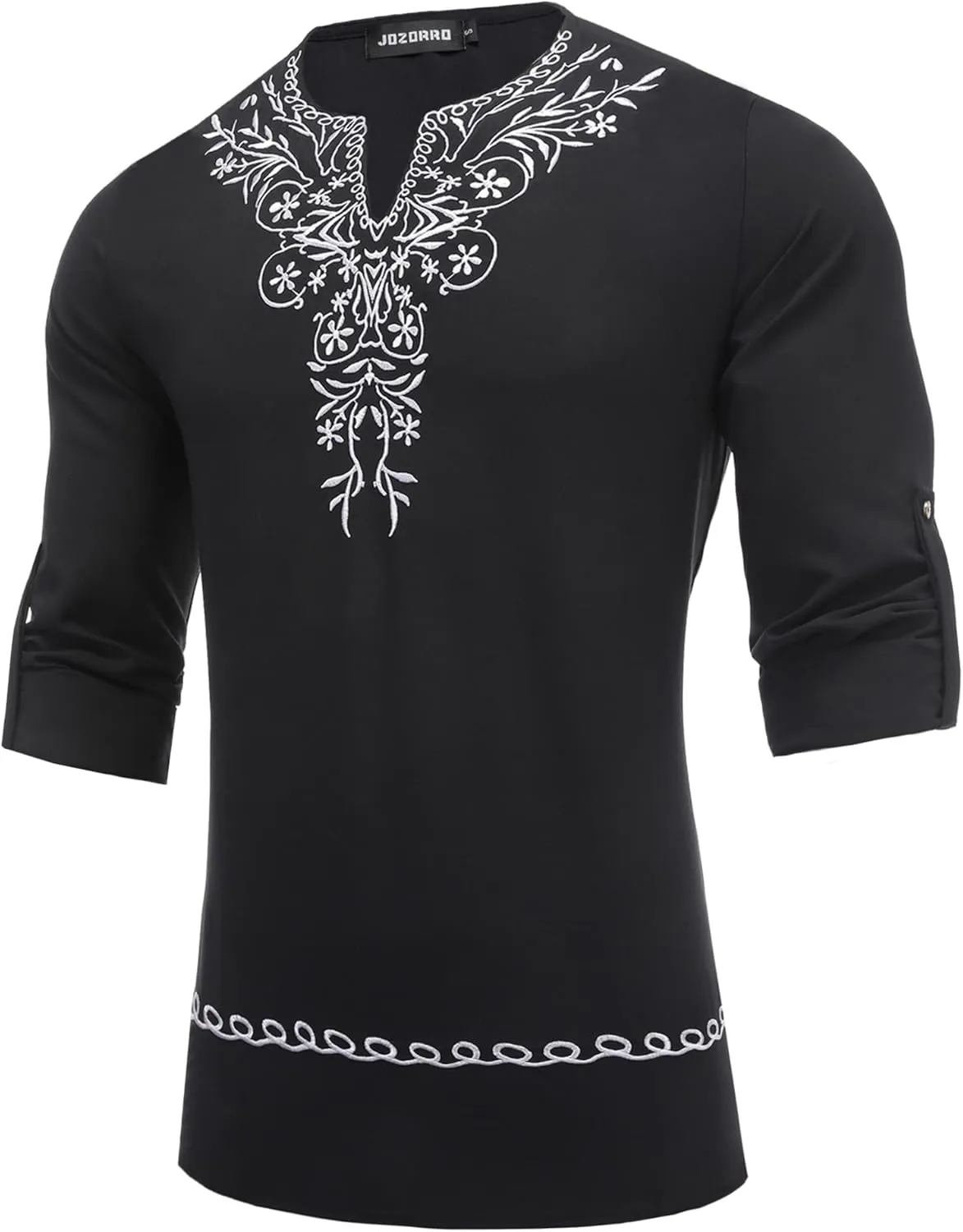 JoZorro Mens Polyester Linen V Neck Henley Shirt Long Sleeve Caftan Handmade Tunic Embroidered Casual Beach T Shirts