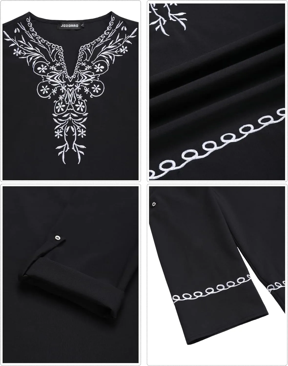 JoZorro Mens Polyester Linen V Neck Henley Shirt Long Sleeve Caftan Handmade Tunic Embroidered Casual Beach T Shirts