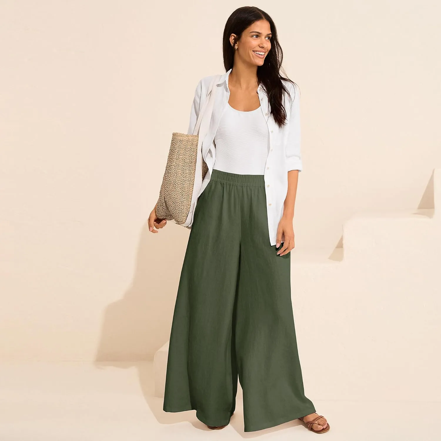Lands' End Women's Linen High Rise Palazzo Pants