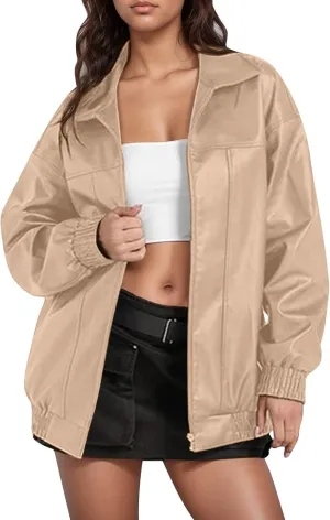 Leather Jackets for Women Long Sleeve Lapel Full Zip Lightweight Jacket Loose Fit Casual Windbreaker Athletic Jacket