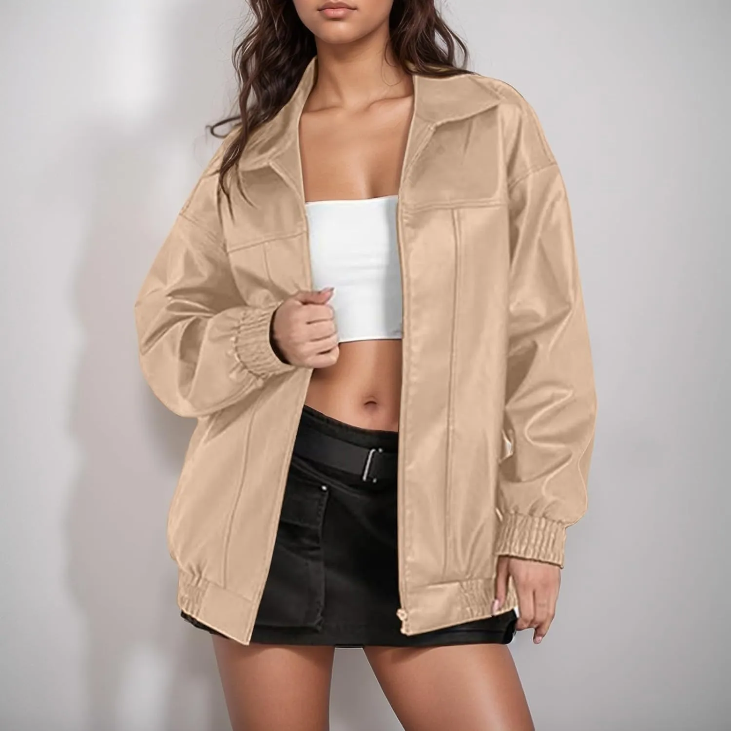 Leather Jackets for Women Long Sleeve Lapel Full Zip Lightweight Jacket Loose Fit Casual Windbreaker Athletic Jacket