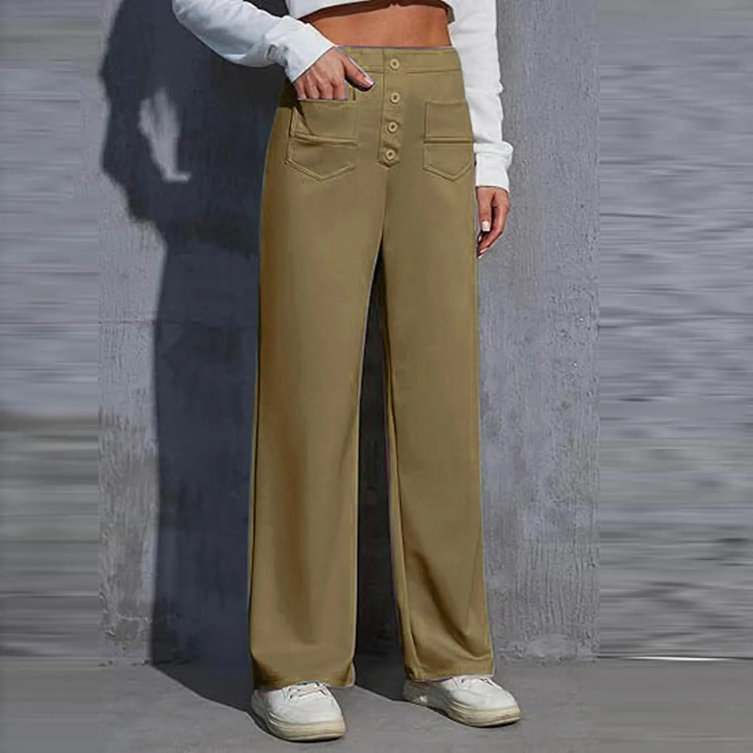 Leggings Flare Women's Work Pants High Elastic Waisted Trousers Straight Wide Leg Pants Button Women Casual Work