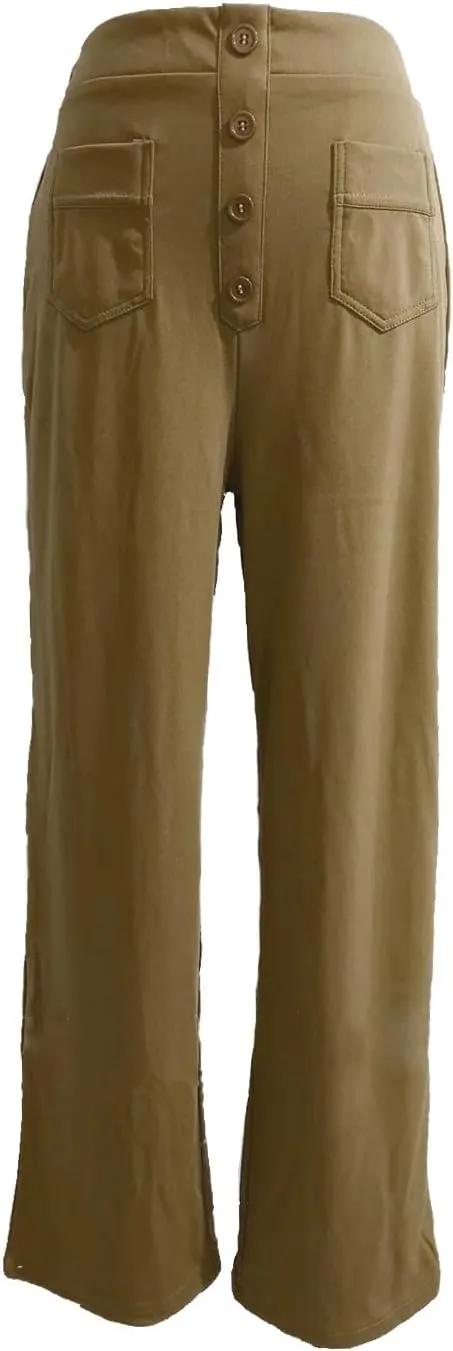 Leggings Flare Women's Work Pants High Elastic Waisted Trousers Straight Wide Leg Pants Button Women Casual Work
