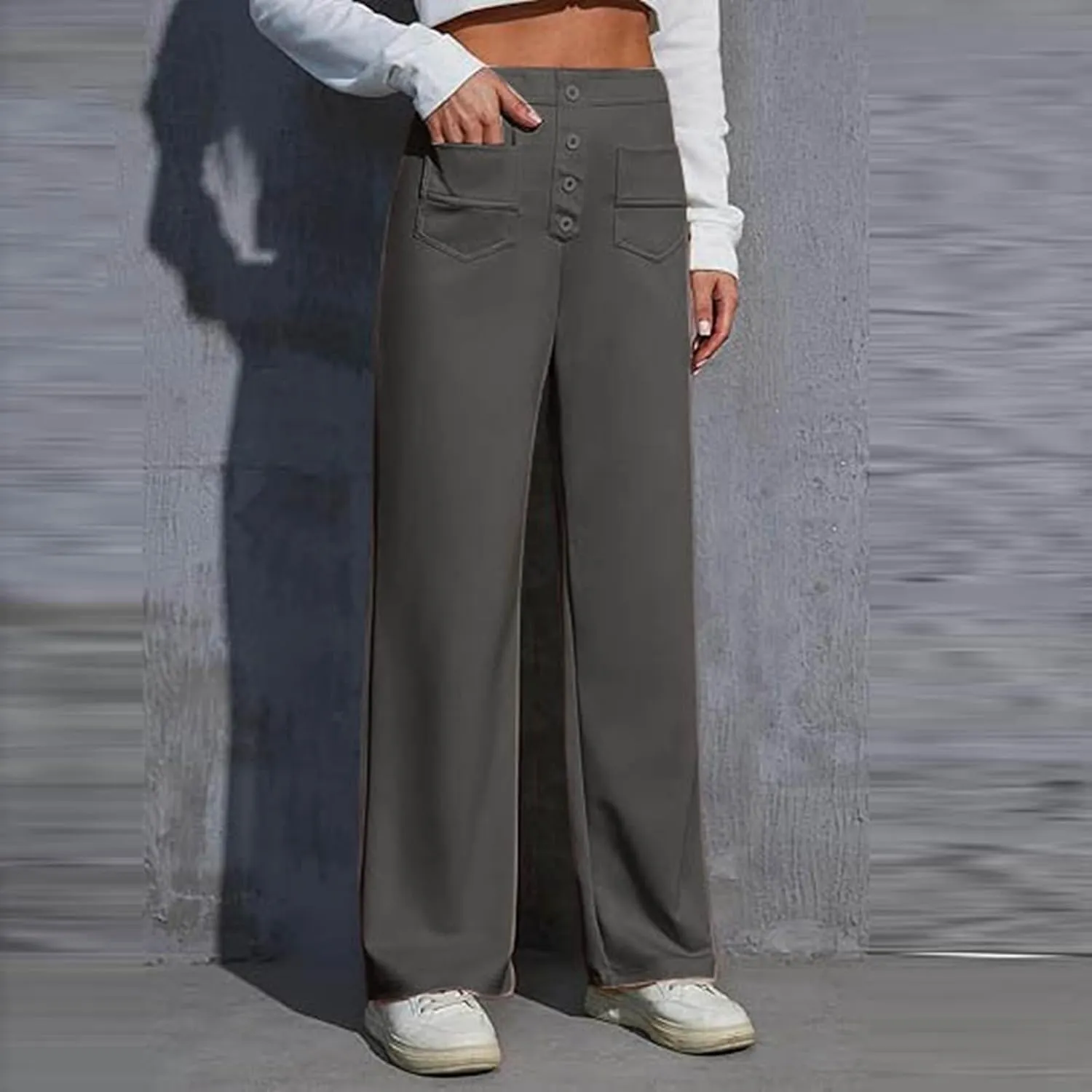 Leggings Flare Women's Work Pants High Elastic Waisted Trousers Straight Wide Leg Pants Button Women Casual Work