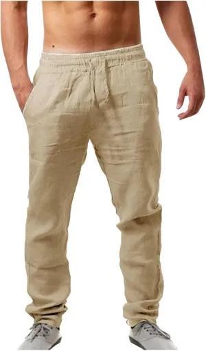 Linen Pants Men,Mens Casual Pants Lightweight Drawstring Beach Pants Elastic Waist Linen Pants Loose Beach Pants