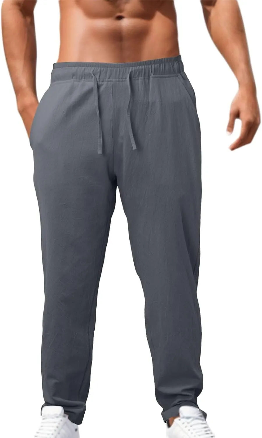Linen Pants Men,Mens Casual Pants Lightweight Drawstring Beach Pants Elastic Waist Linen Pants Loose Beach Pants