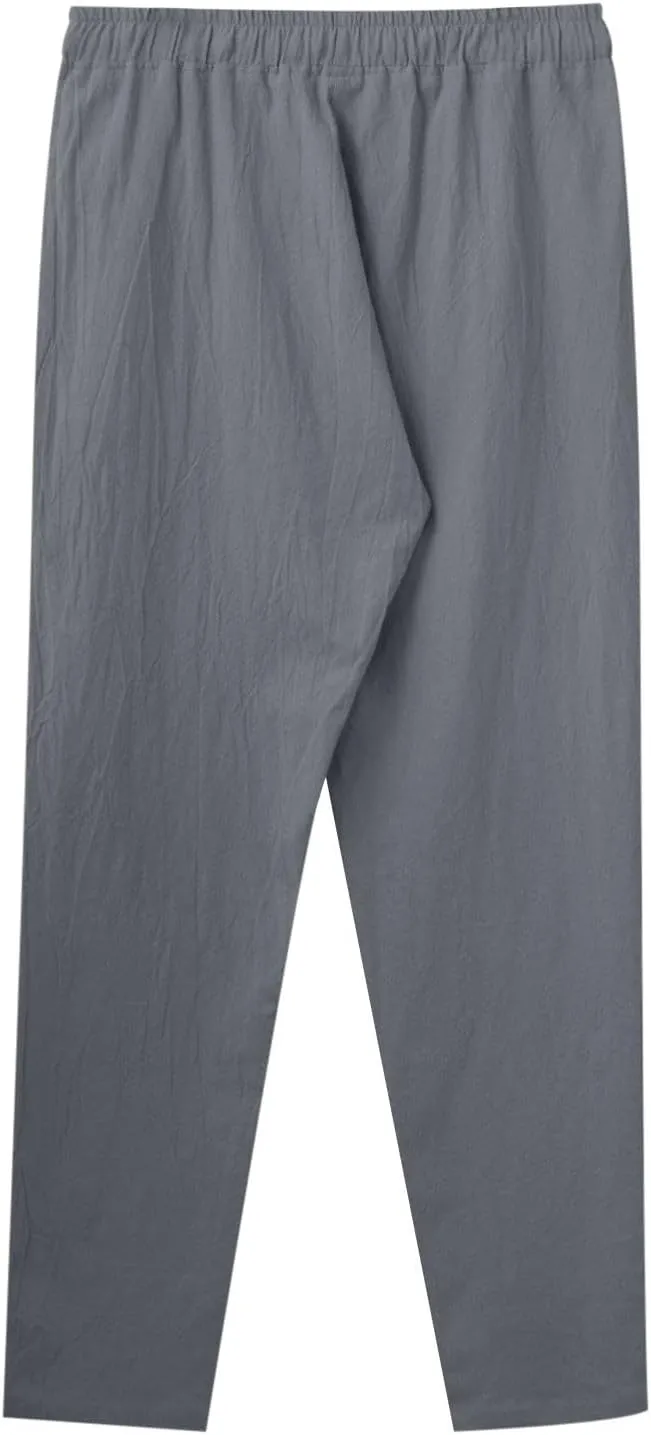 Linen Pants Men,Mens Casual Pants Lightweight Drawstring Beach Pants Elastic Waist Linen Pants Loose Beach Pants