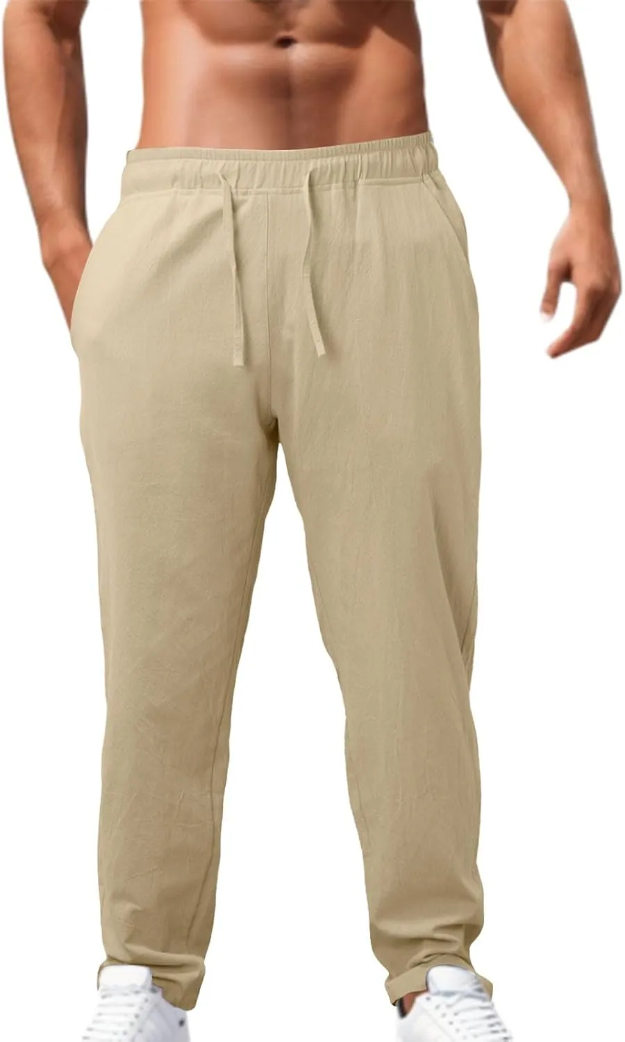 Linen Pants Men,Mens Casual Pants Lightweight Drawstring Beach Pants Elastic Waist Linen Pants Loose Beach Pants