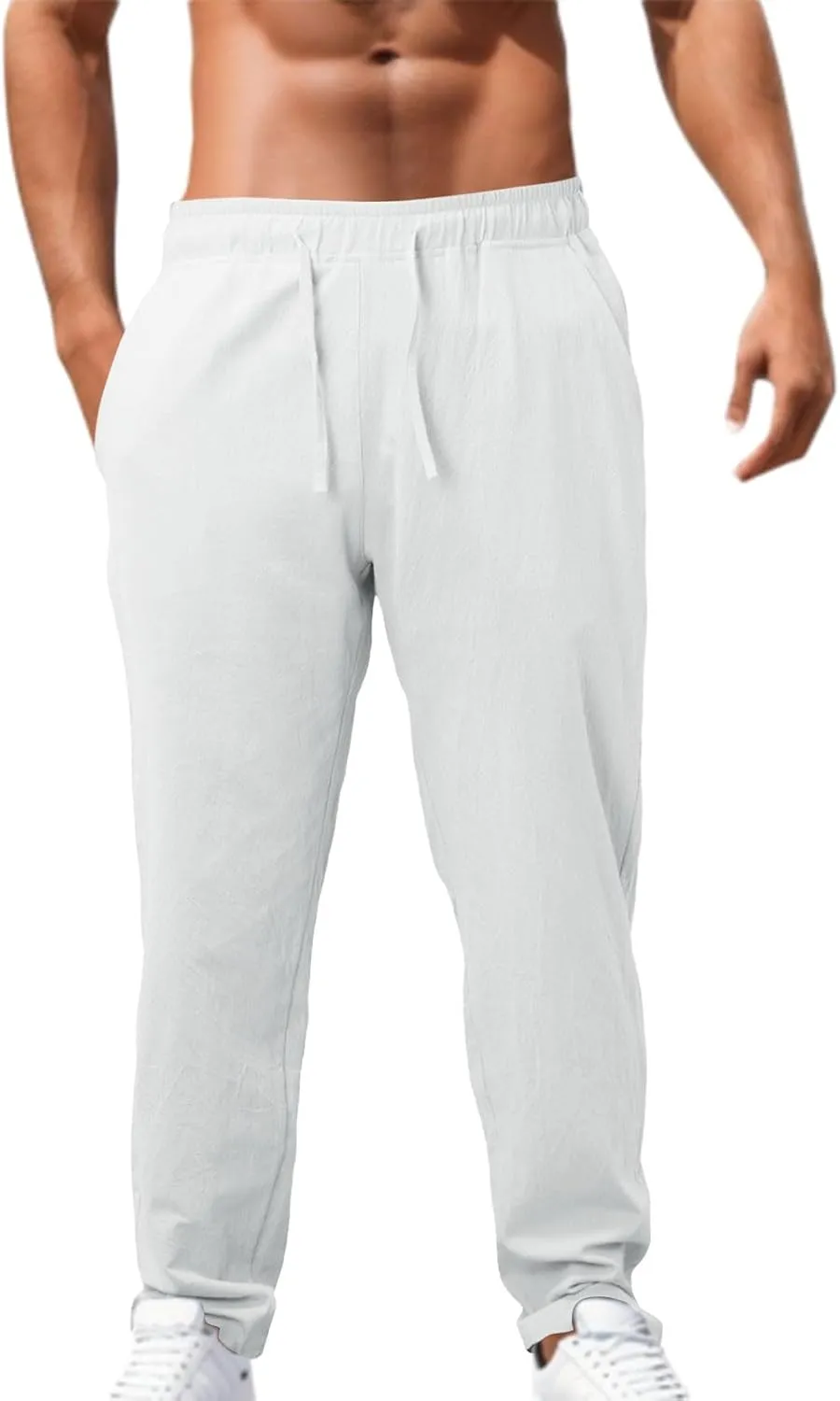 Linen Pants Men,Mens Casual Pants Lightweight Drawstring Beach Pants Elastic Waist Linen Pants Loose Beach Pants
