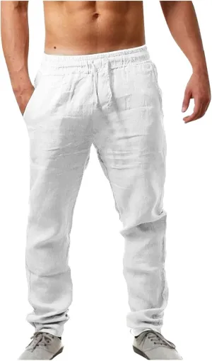 Linen Pants Men,Mens Casual Pants Lightweight Drawstring Beach Pants Elastic Waist Linen Pants Loose Beach Pants