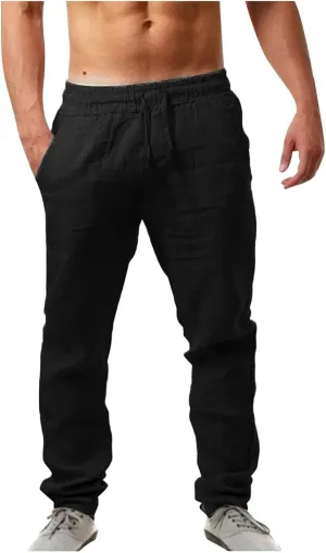 Linen Pants Men,Mens Casual Pants Lightweight Drawstring Beach Pants Elastic Waist Linen Pants Loose Beach Pants