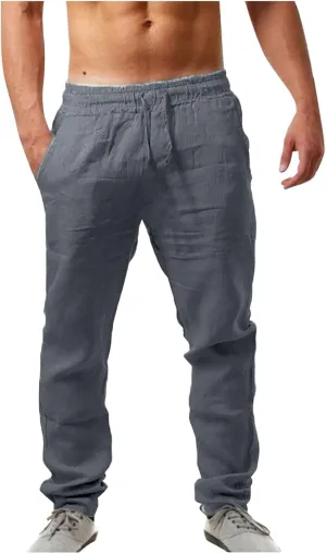 Linen Pants Men,Mens Casual Pants Lightweight Drawstring Beach Pants Elastic Waist Linen Pants Loose Beach Pants
