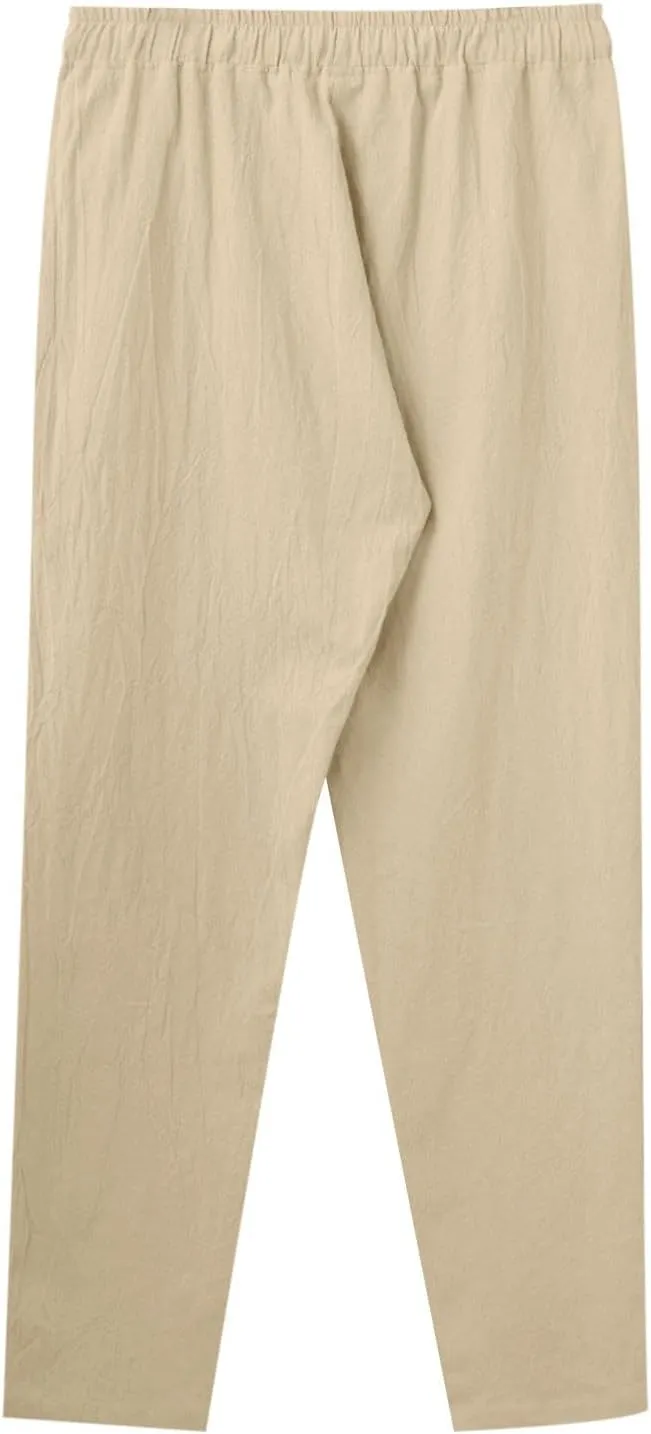 Linen Pants Men,Mens Casual Pants Lightweight Drawstring Beach Pants Elastic Waist Linen Pants Loose Beach Pants