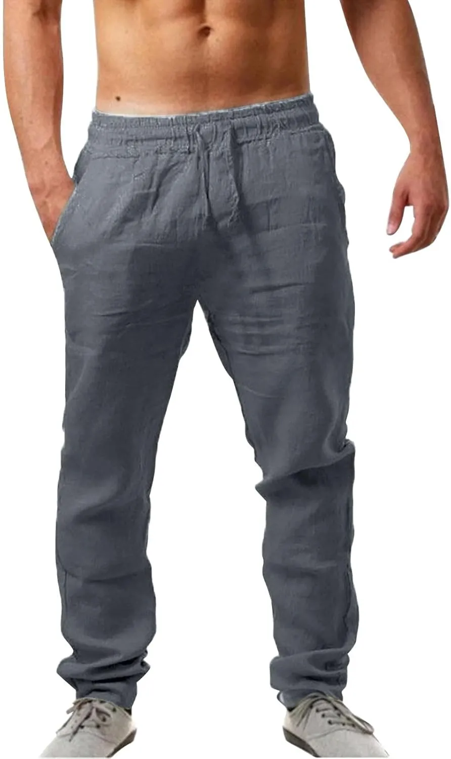 Linen Pants Men,Mens Casual Pants Lightweight Drawstring Beach Pants Elastic Waist Linen Pants Loose Beach Pants