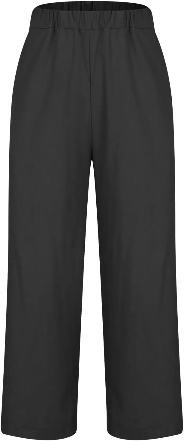 Linen Pants Women Capri Pants Elastic Waist Drawstring Pants Summer Beach Pants Crop Pants Plus Size Trousers Pockets