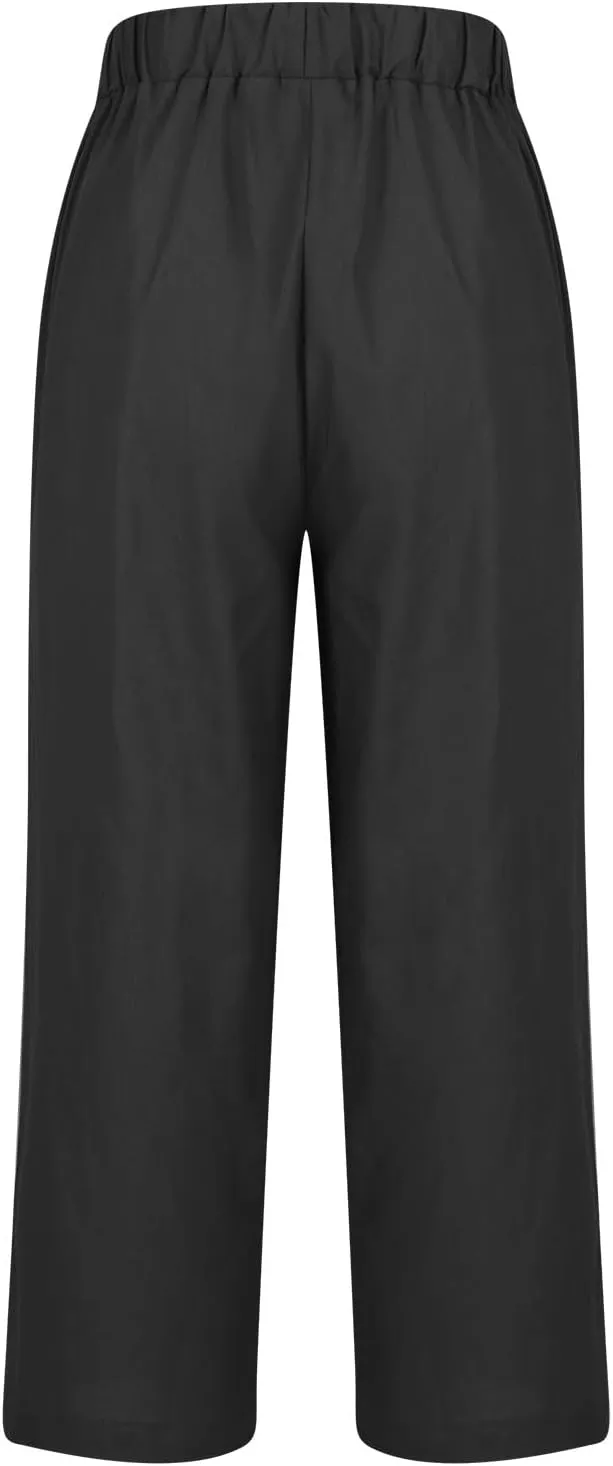Linen Pants Women Capri Pants Elastic Waist Drawstring Pants Summer Beach Pants Crop Pants Plus Size Trousers Pockets