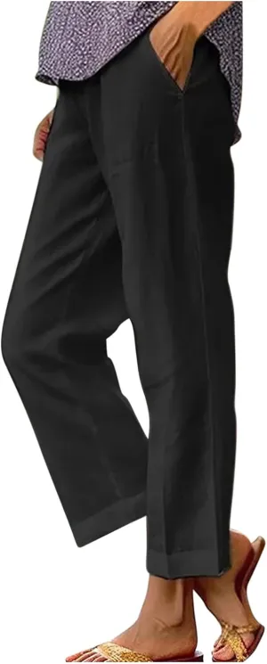 Linen Pants Women Capri Pants Elastic Waist Drawstring Pants Summer Beach Pants Crop Pants Plus Size Trousers Pockets