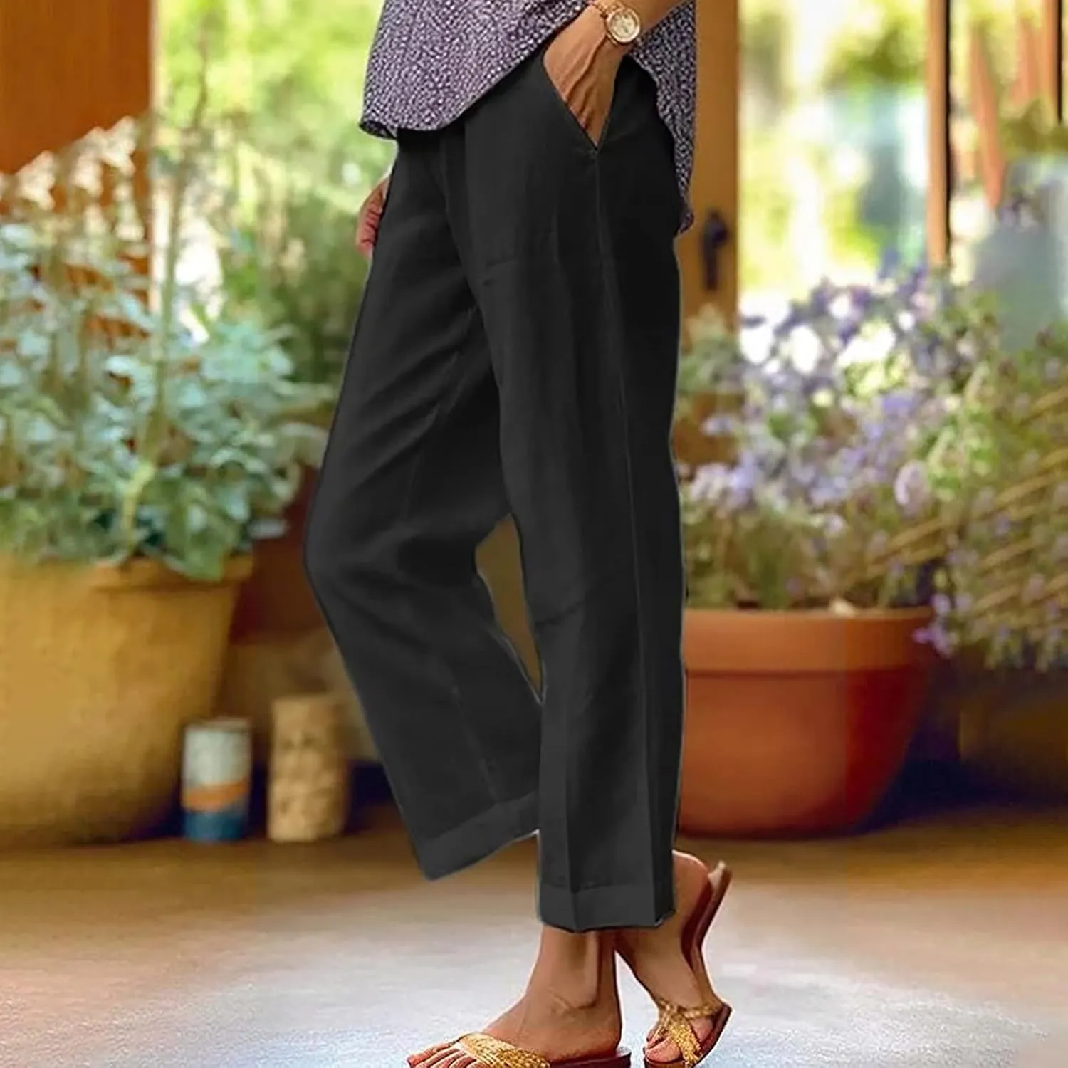 Linen Pants Women Capri Pants Elastic Waist Drawstring Pants Summer Beach Pants Crop Pants Plus Size Trousers Pockets