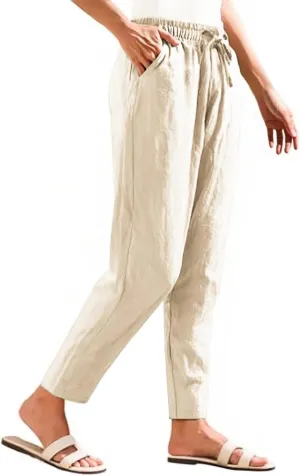 Linen Pants Women Casual Wide Leg Elastic Drawstring Pants Women Comfy Lounge Summer Beach Trousers with Pockets