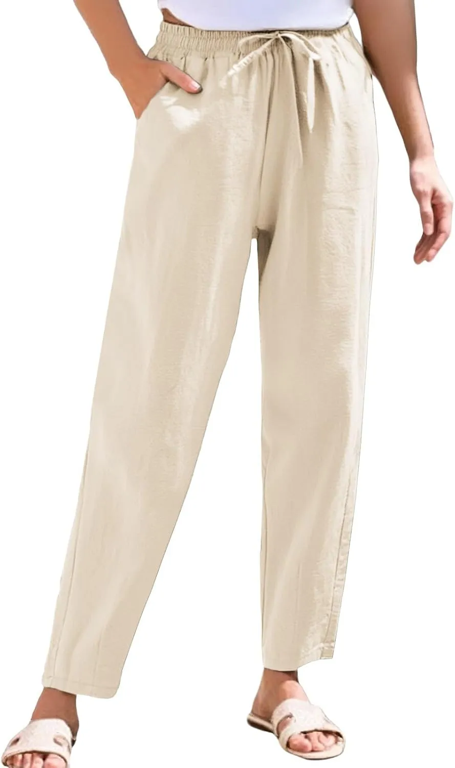 Linen Pants Women Casual Wide Leg Elastic Drawstring Pants Women Comfy Lounge Summer Beach Trousers with Pockets