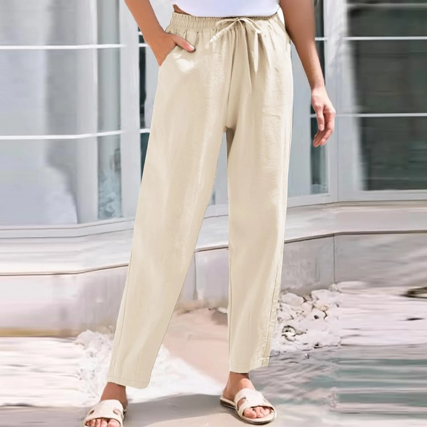 Linen Pants Women Casual Wide Leg Elastic Drawstring Pants Women Comfy Lounge Summer Beach Trousers with Pockets