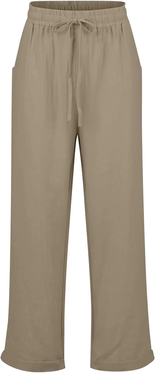 Linen Pants Women Comfy Elastic Waist Drawstring Cotton Pants Lightweight Tapered Lounge Vacation Beach Pants