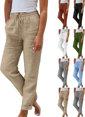 Linen Pants Women Comfy Elastic Waist Drawstring Cotton Pants Lightweight Tapered Lounge Vacation Beach Pants