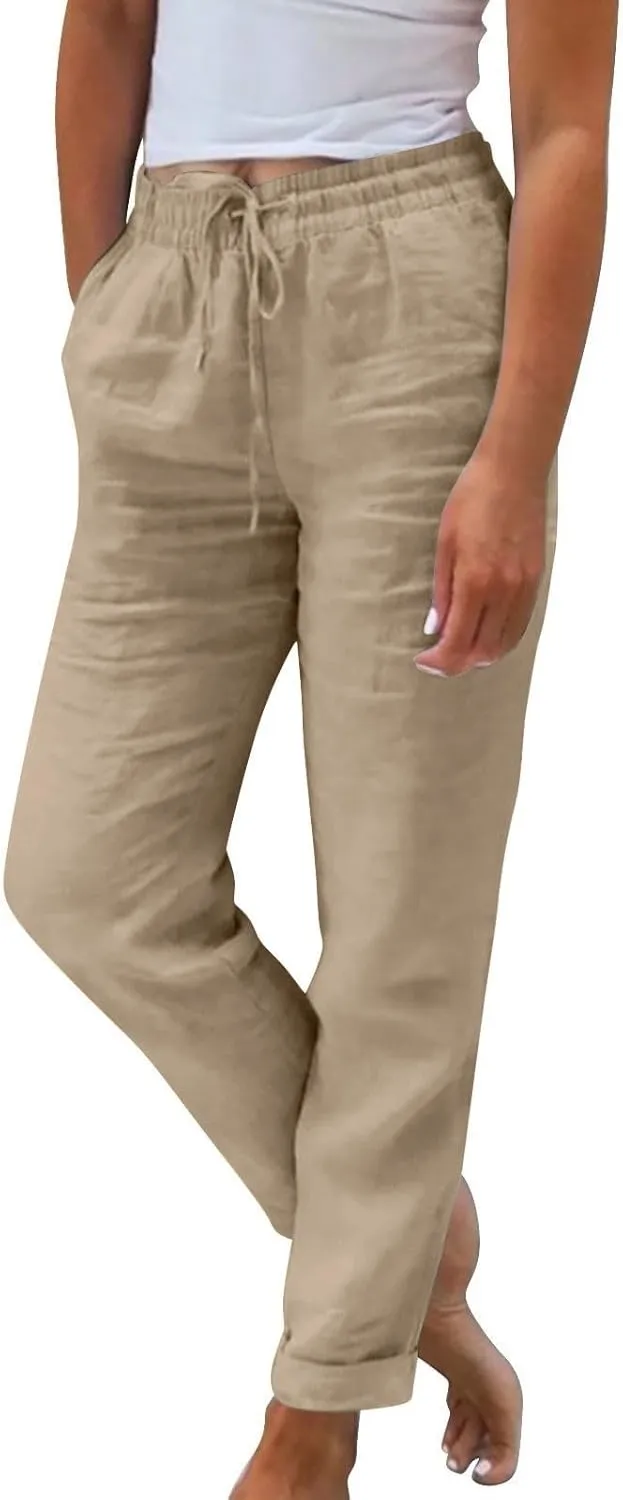 Linen Pants Women Comfy Elastic Waist Drawstring Cotton Pants Lightweight Tapered Lounge Vacation Beach Pants
