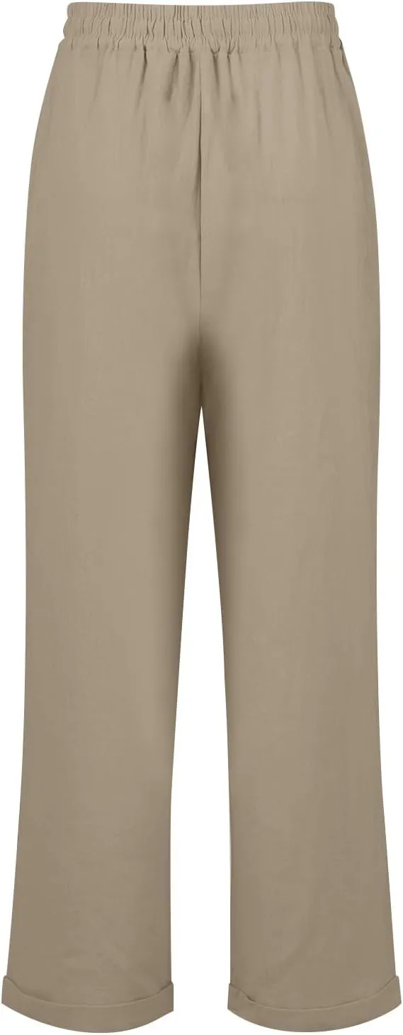 Linen Pants Women Comfy Elastic Waist Drawstring Cotton Pants Lightweight Tapered Lounge Vacation Beach Pants