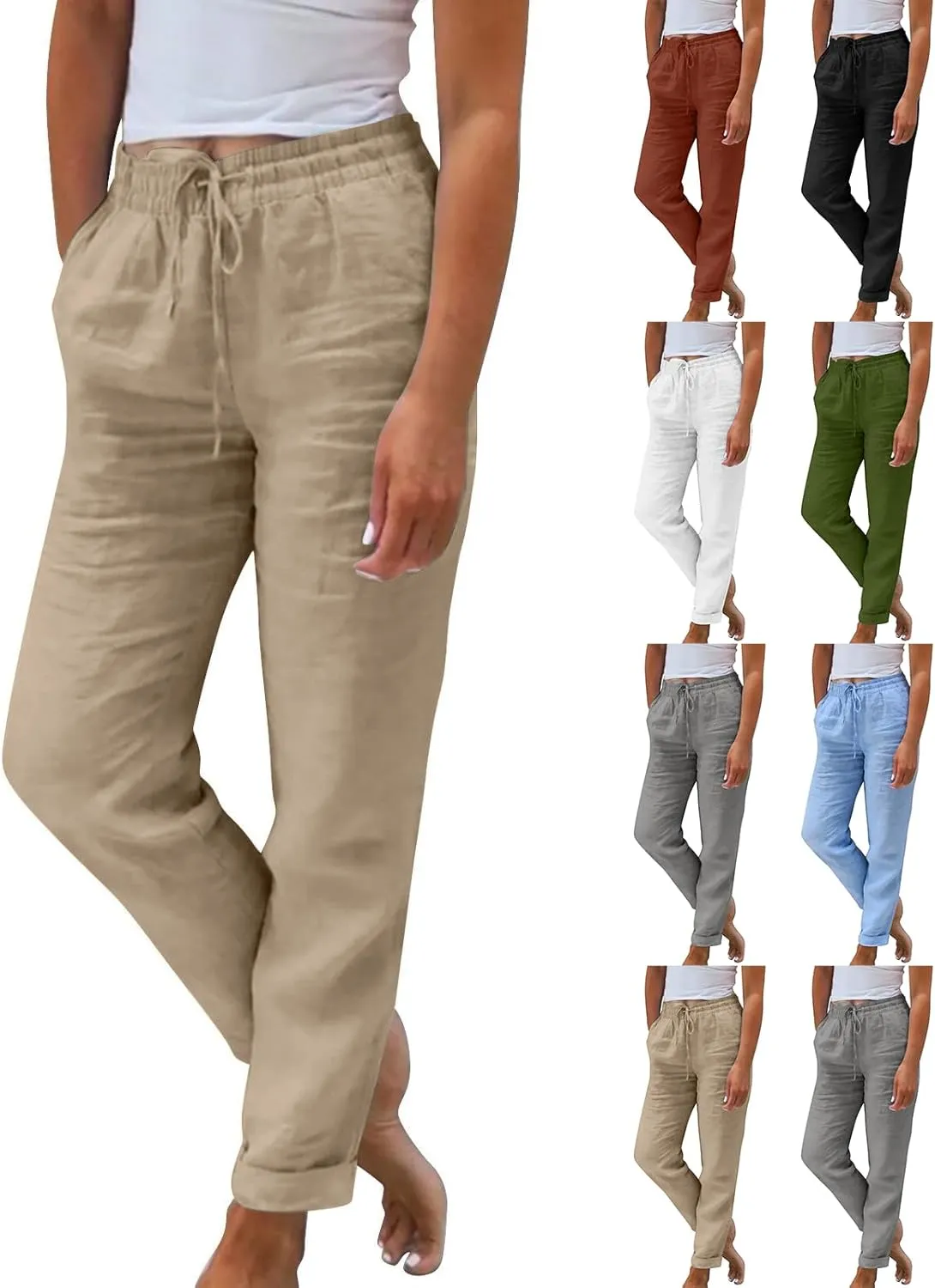 Linen Pants Women Comfy Elastic Waist Drawstring Cotton Pants Lightweight Tapered Lounge Vacation Beach Pants