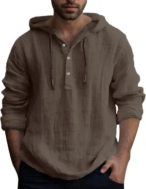 Linen Shirts for Men Lightweight Button Up Long Sleeve Shirts with Hood Casual Basic Loose Fit Breathable Boho Beach Shirt