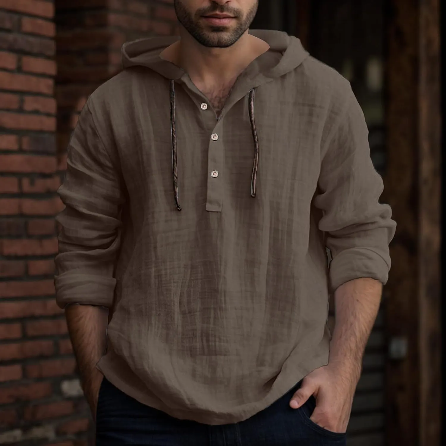 Linen Shirts for Men Lightweight Button Up Long Sleeve Shirts with Hood Casual Basic Loose Fit Breathable Boho Beach Shirt