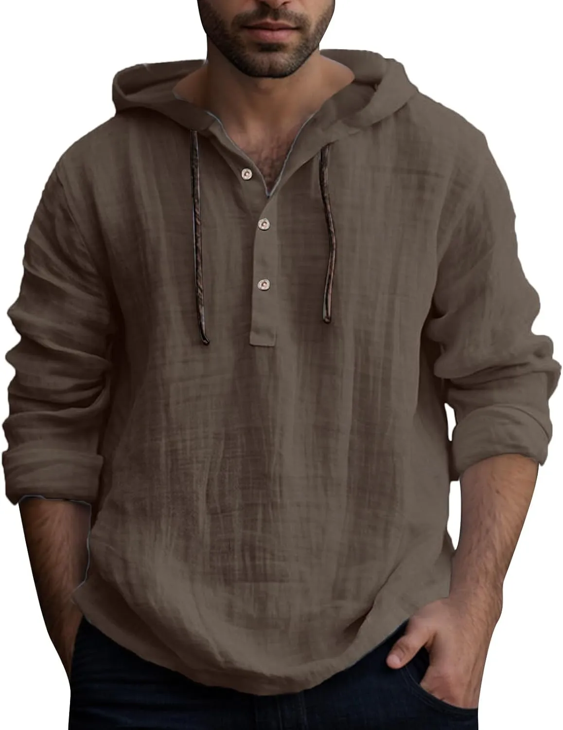 Linen Shirts for Men Lightweight Button Up Long Sleeve Shirts with Hood Casual Basic Loose Fit Breathable Boho Beach Shirt