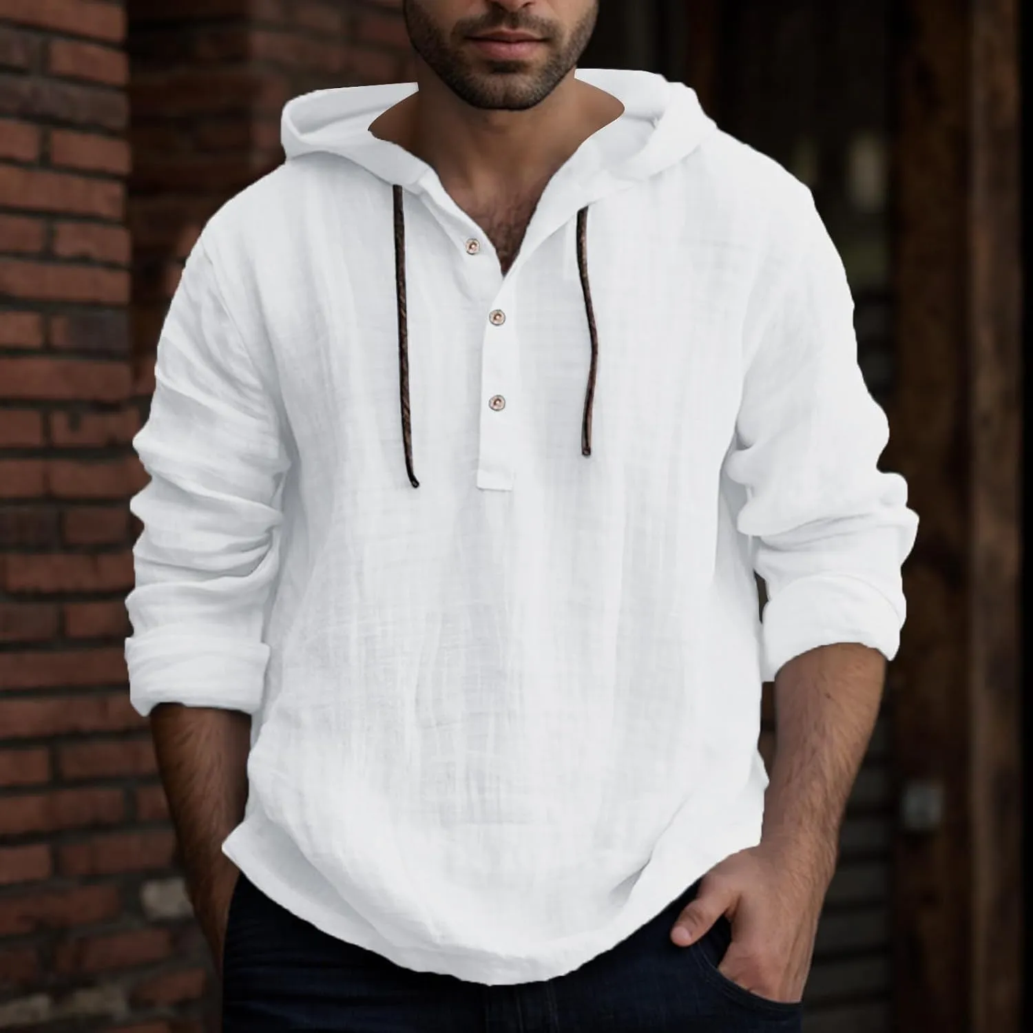 Linen Shirts for Men Lightweight Button Up Long Sleeve Shirts with Hood Casual Basic Loose Fit Breathable Boho Beach Shirt