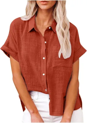 Linen Shirts for Women Short Sleeve Button Down Collared Tops Loose Fit Tunic Comfy Casual Summer Blouses Tshirt