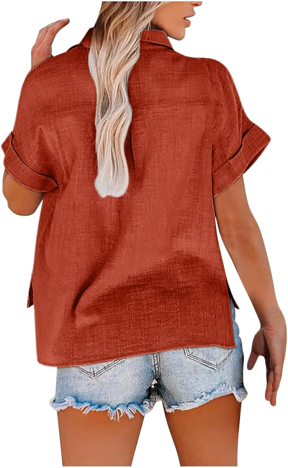 Linen Shirts for Women Short Sleeve Button Down Collared Tops Loose Fit Tunic Comfy Casual Summer Blouses Tshirt