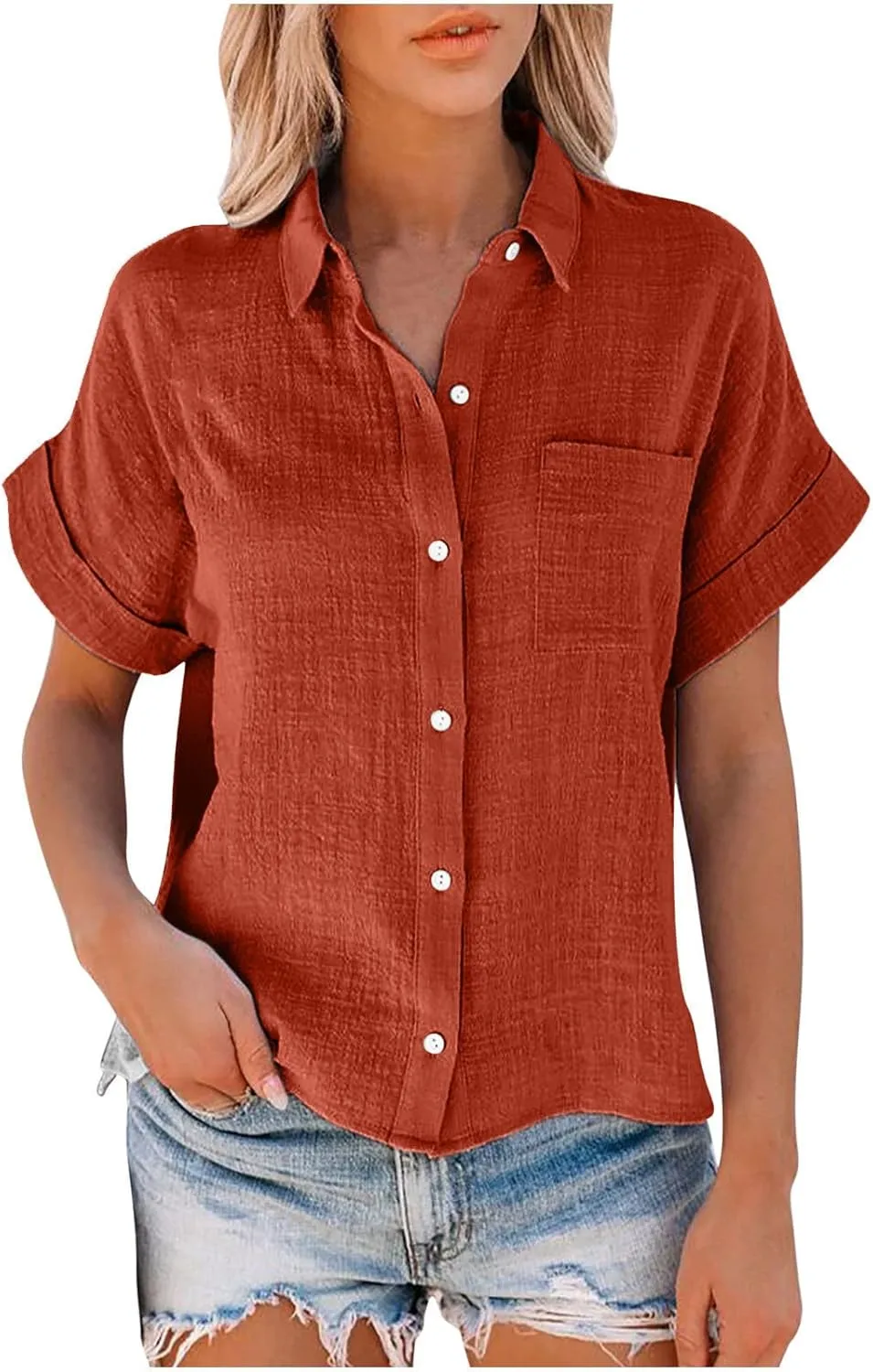 Linen Shirts for Women Short Sleeve Button Down Collared Tops Loose Fit Tunic Comfy Casual Summer Blouses Tshirt