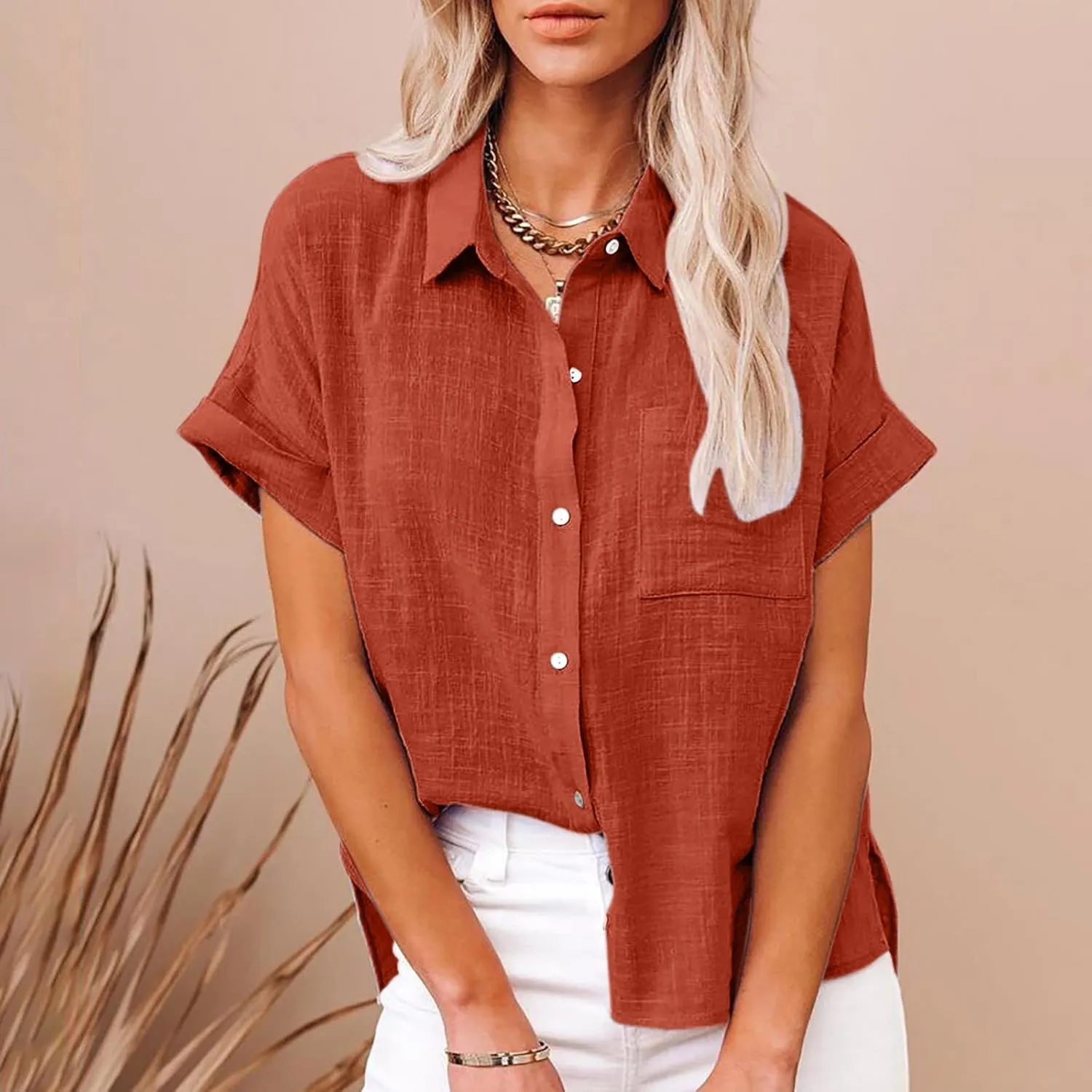 Linen Shirts for Women Short Sleeve Button Down Collared Tops Loose Fit Tunic Comfy Casual Summer Blouses Tshirt