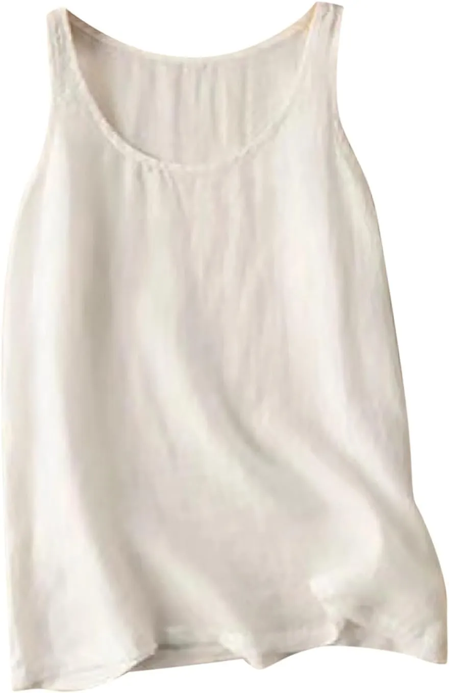 Linen Tank Tops for Women 2024 Summer Vacation Lounge Tees Loose Fit Sleeveless Scoop Neck Shirts Lightweight Tshirts