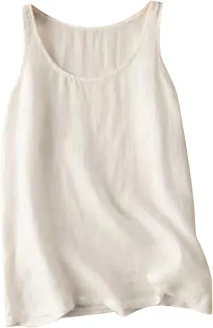 Linen Tank Tops for Women 2024 Summer Vacation Lounge Tees Loose Fit Sleeveless Scoop Neck Shirts Lightweight Tshirts